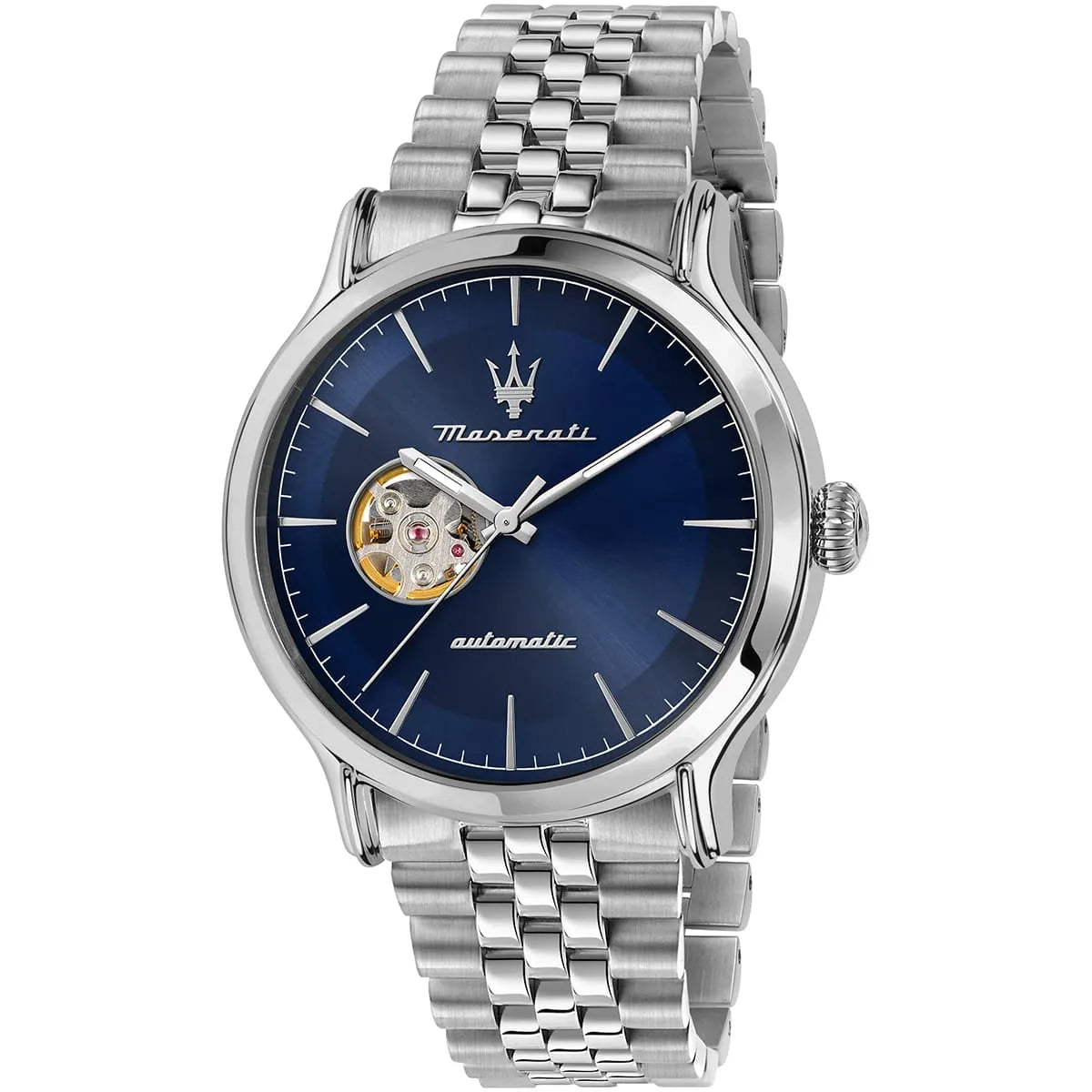 Maserati Epoca automatic watch with blue dial, skeleton window, stainless steel case and bracelet