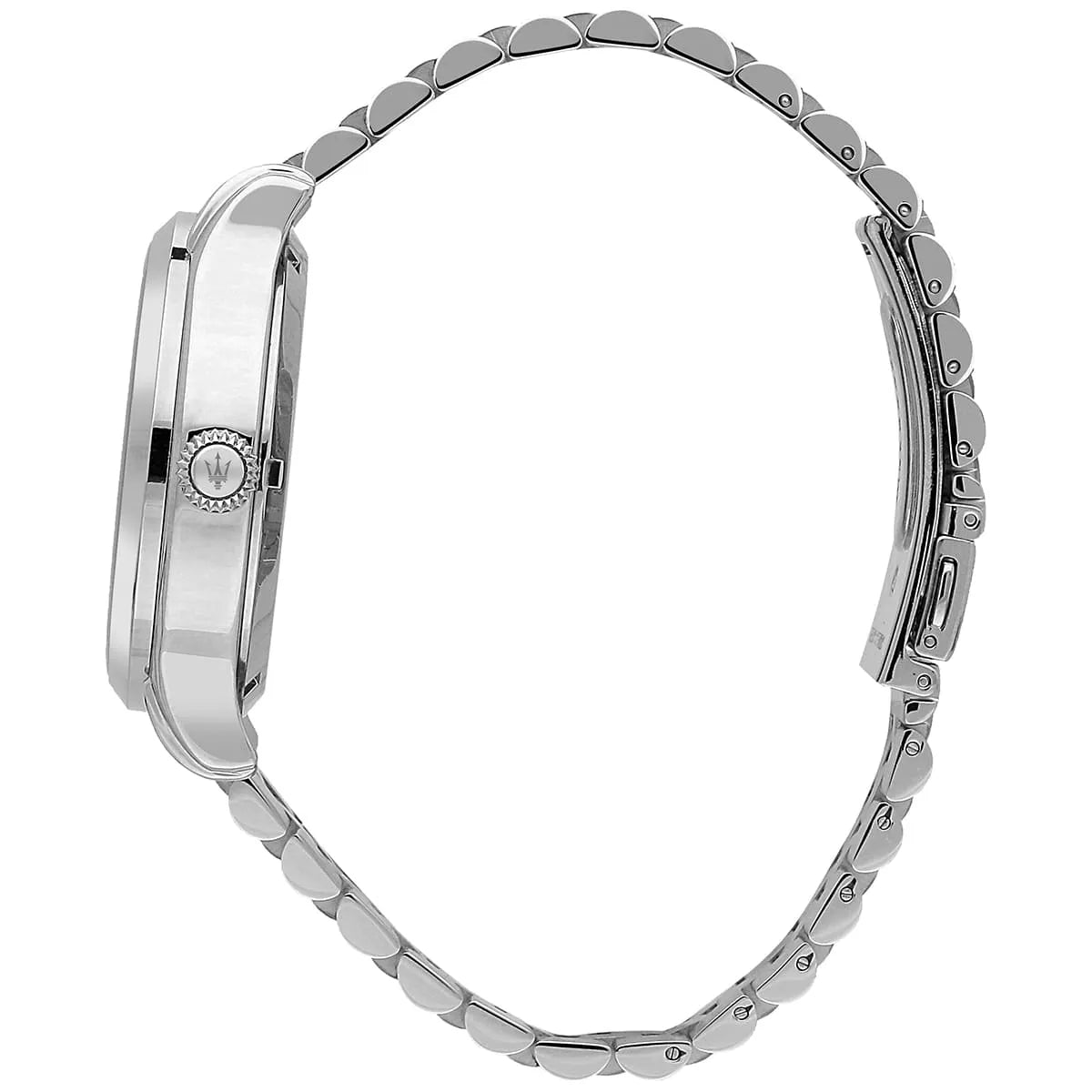 Maserati Epoca watch side profile showing case thickness and stainless steel band