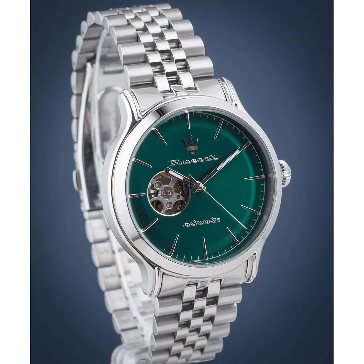 Maserati Epoca watch with green dial and open heart window at angle on dark background