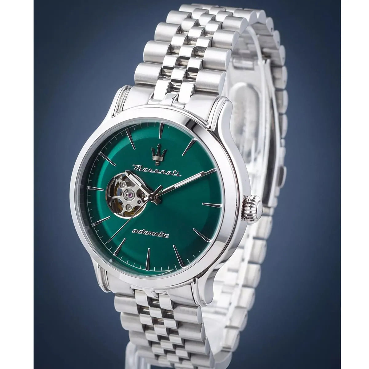 Maserati Epoca automatic watch with green dial, open heart window and silver bracelet