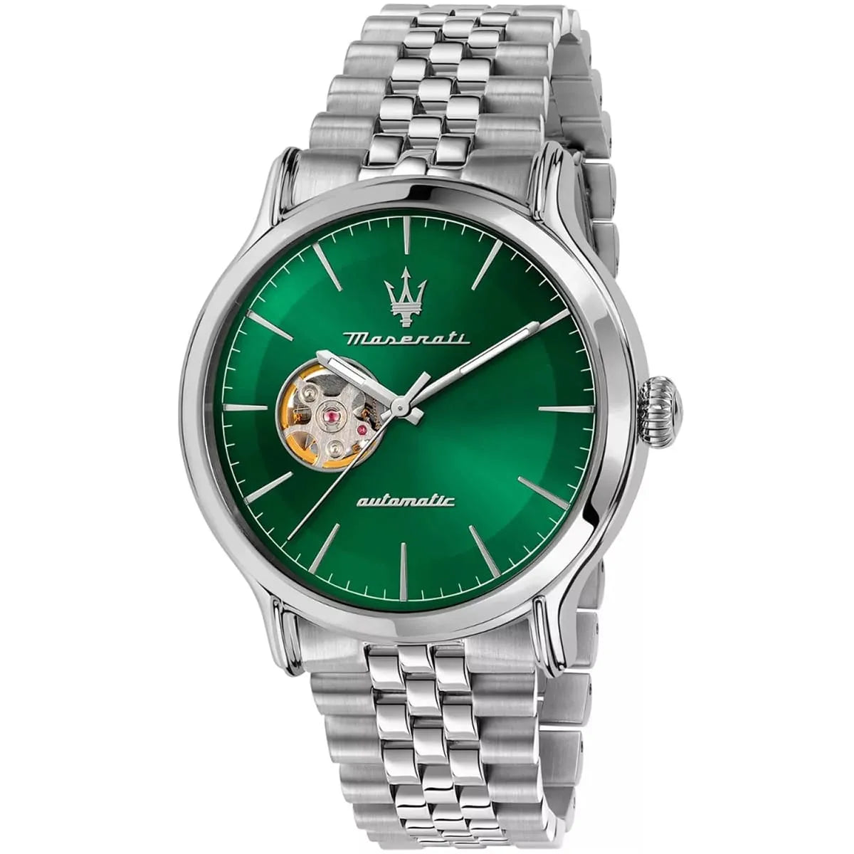 Maserati Epoca automatic watch with green dial, open heart window and silver stainless steel bracelet