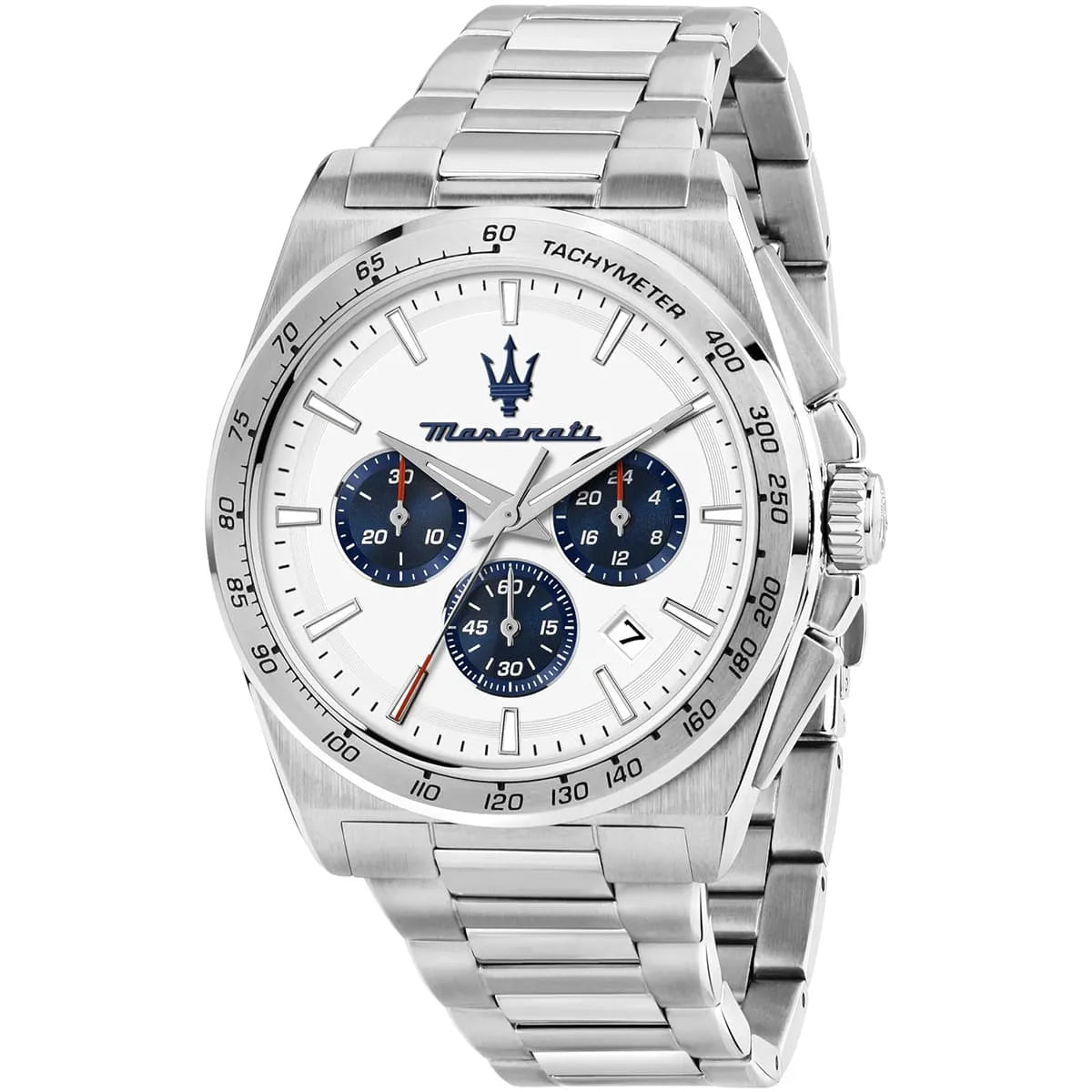 Maserati Velocità chronograph watch with white dial, three blue subdials, stainless steel case and bracelet