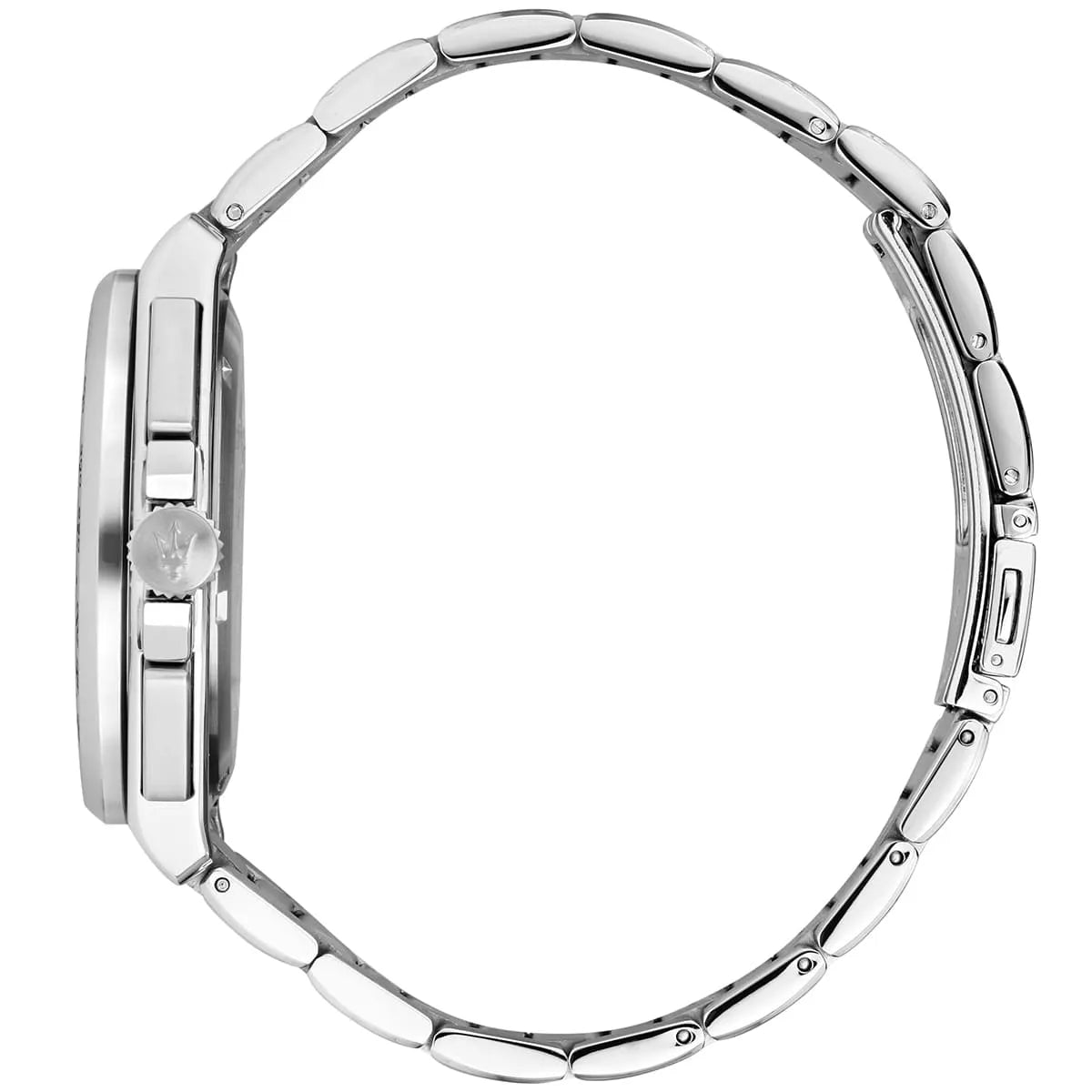 Maserati Velocità watch side profile showing stainless steel bracelet and case depth