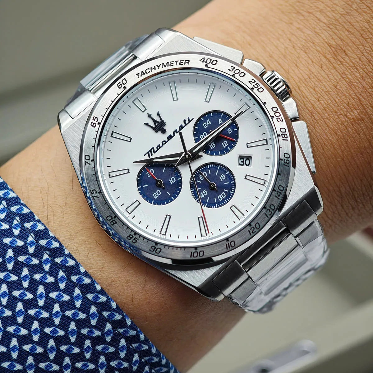 Maserati Velocità watch on wrist with tachymeter bezel and chronograph hands visible