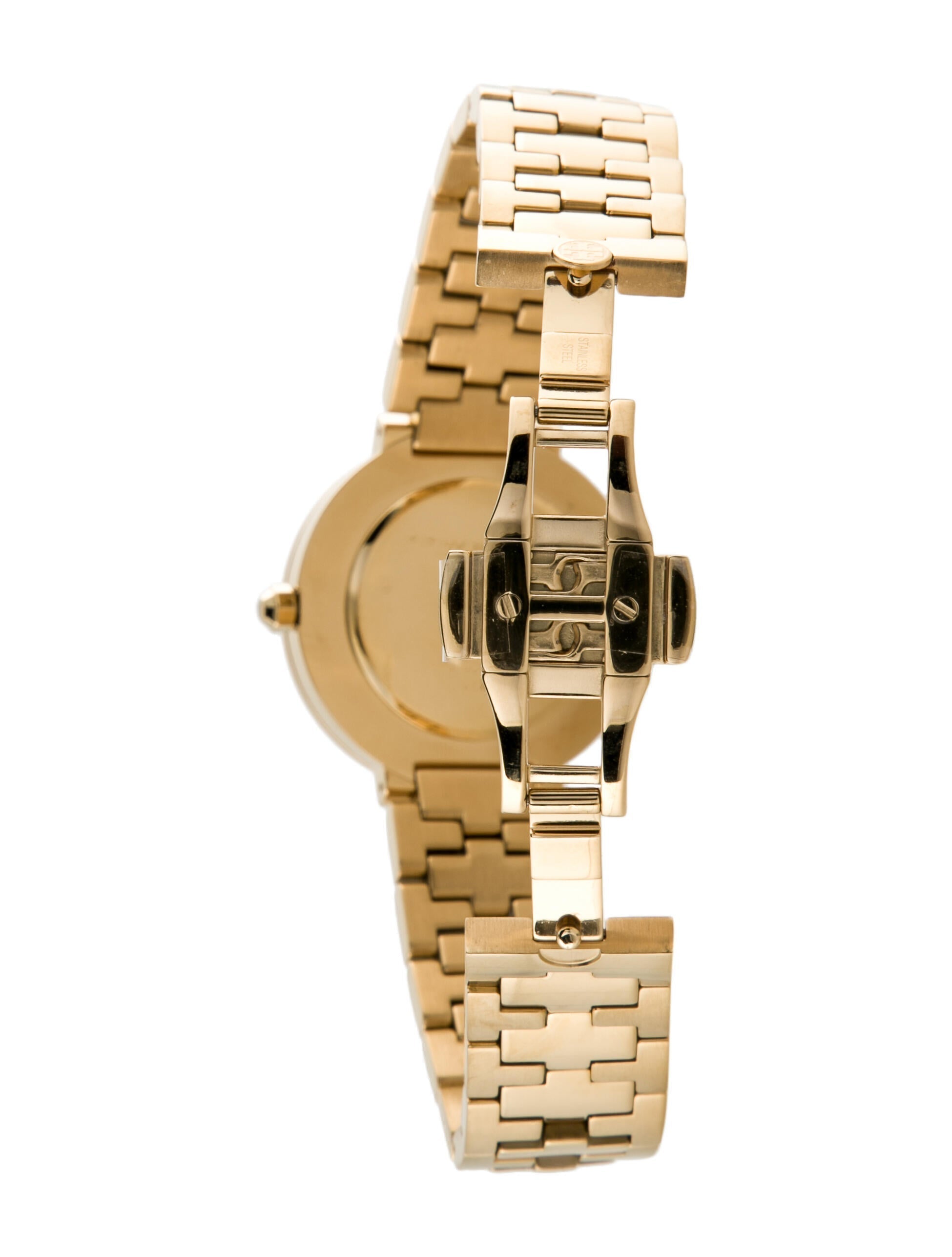 Caseback of Reva watch showing gold-tone stainless steel construction