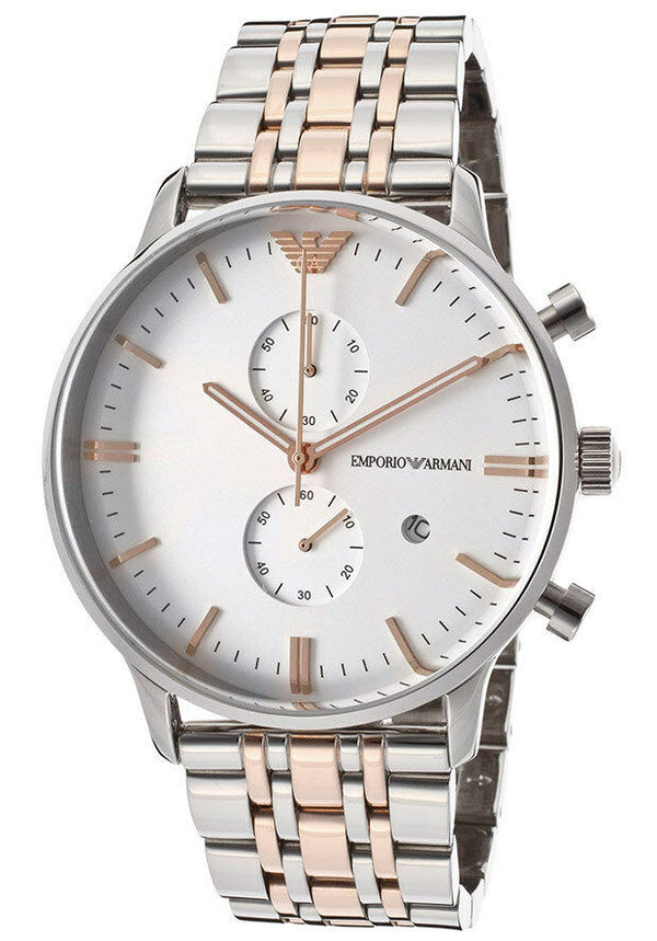 Emporio Armani Steel Two Tone Silver Rose Gold Chronograph Men's Watch#AR0399 - Watches of New Zealand