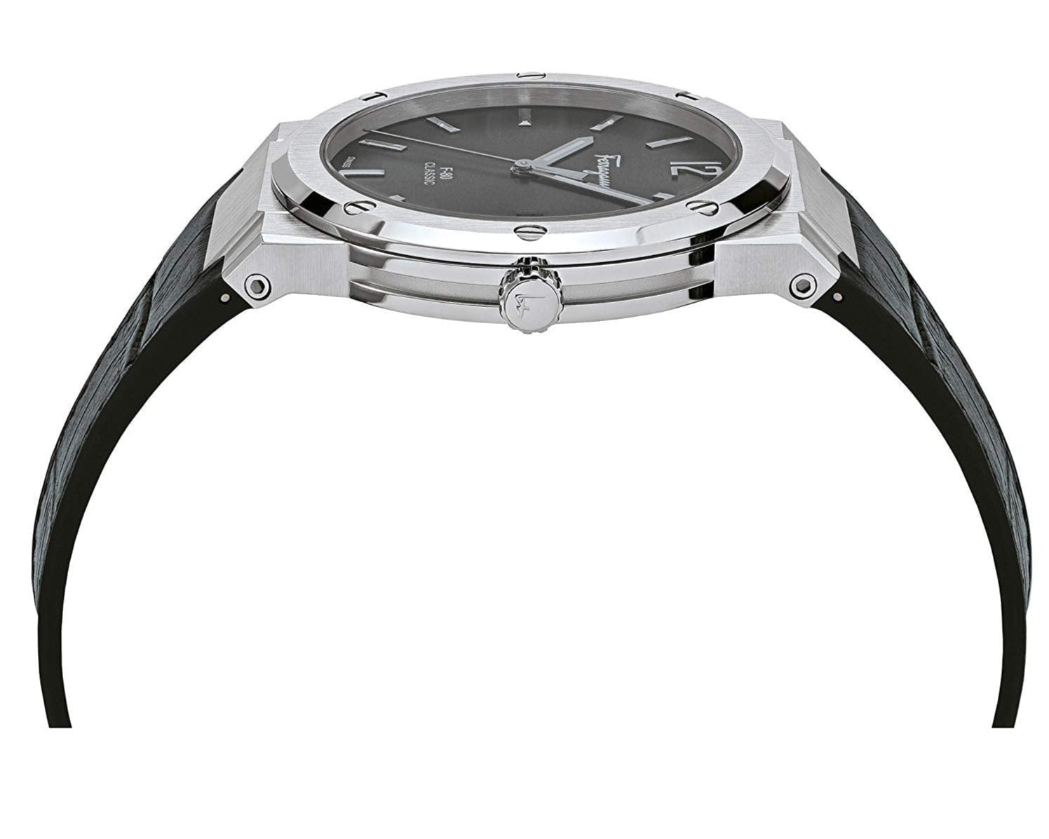 F-80 Classic watch angled view with silver case and black leather strap