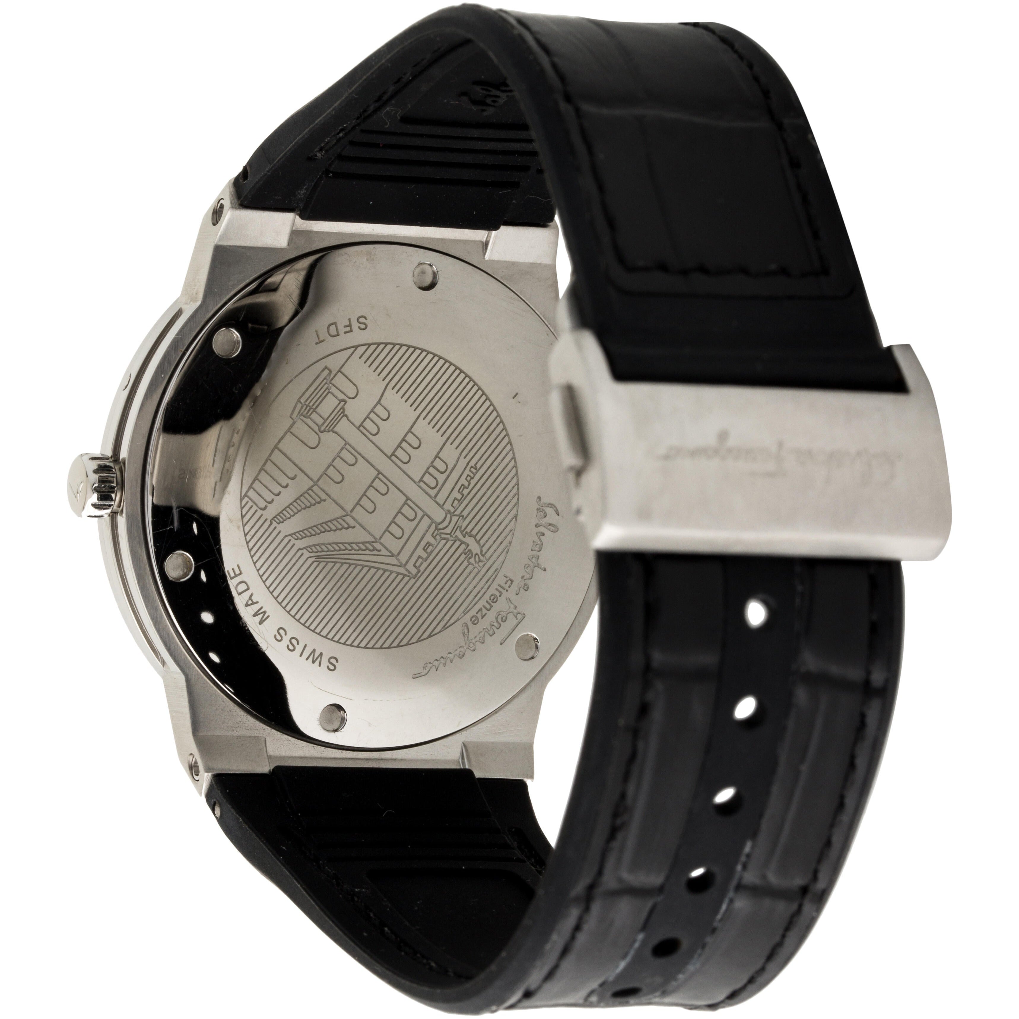 F-80 Classic caseback showing Swiss movement and Ferragamo engraving on steel back