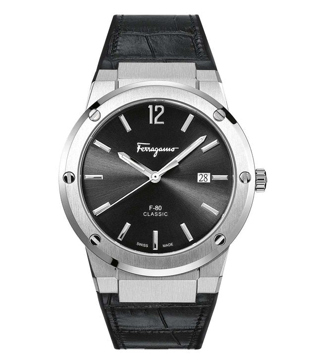 F-80 Classic black dial watch front view with silver stainless steel case and date window