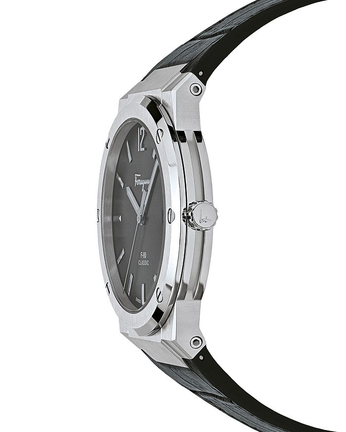 F-80 Classic watch side profile showing case thickness and black leather strap