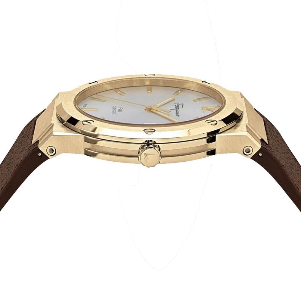Salvatore Ferragamo F-80 Classic watch side view showing case profile and brown leather strap