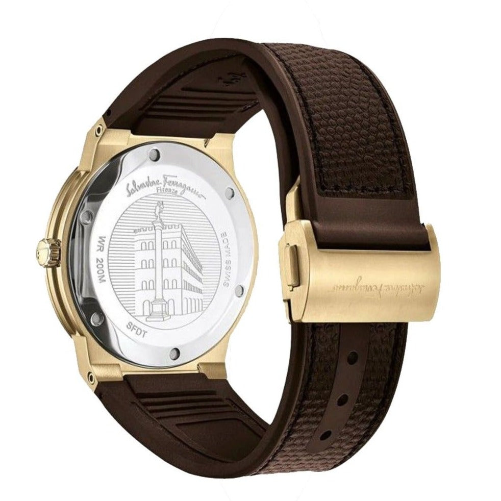 F-80 Classic caseback showing Ferragamo branding and watch details on transparent display