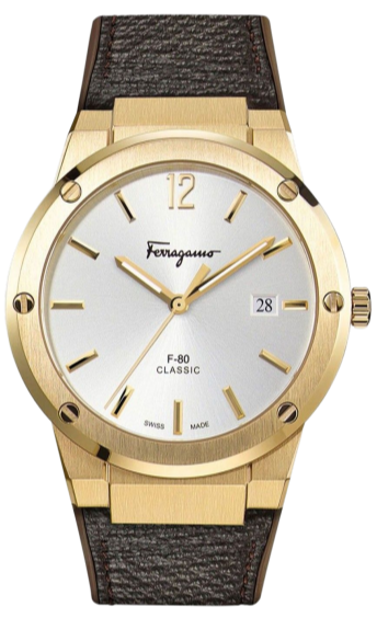 Salvatore Ferragamo F-80 Classic watch with white dial, gold case, and brown leather strap