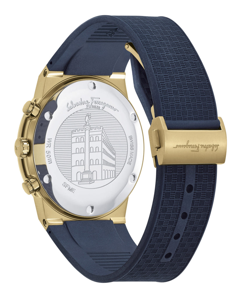 Salvatore Ferragamo Sapphire watch caseback with white dial and building engraving