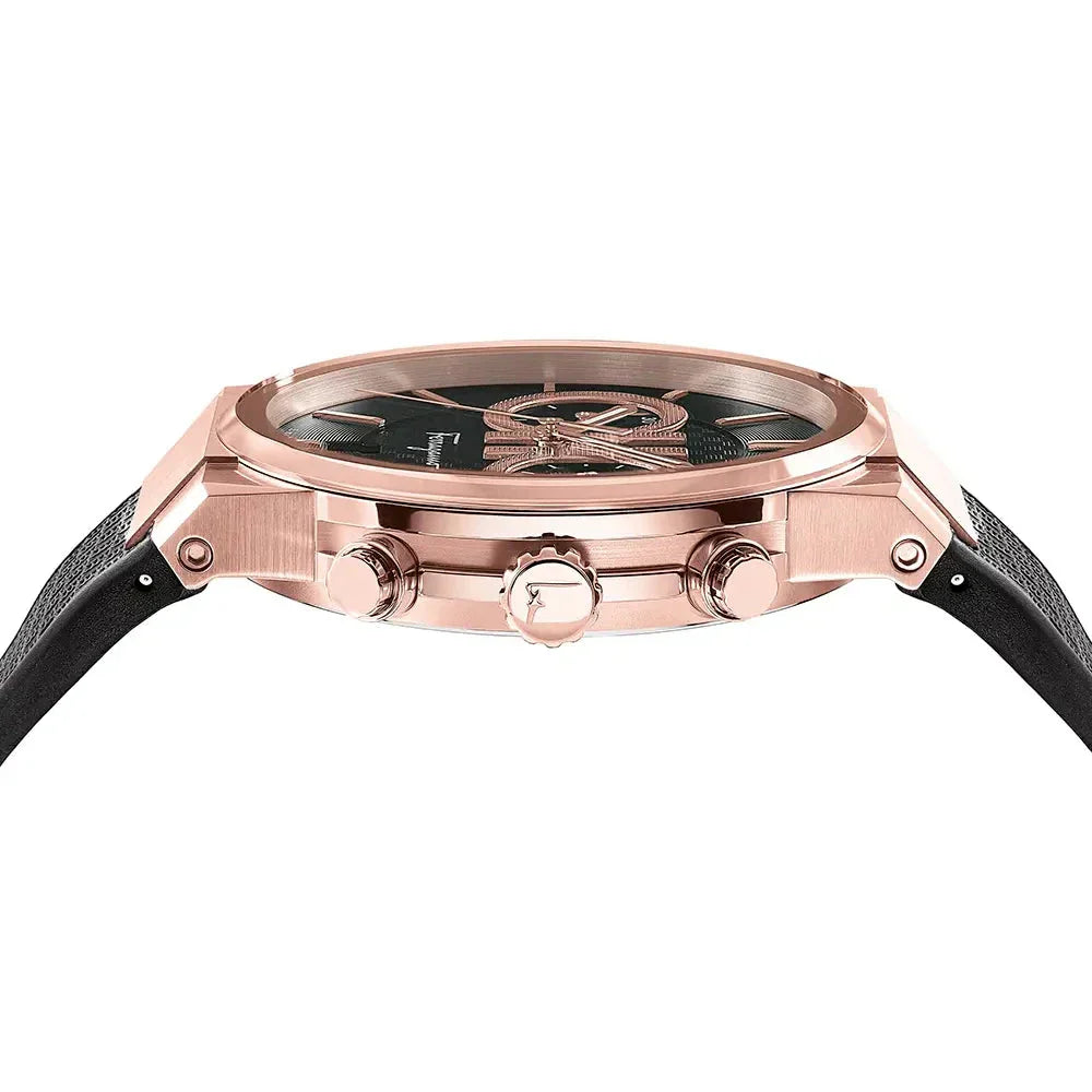 Close-up detail of Salvatore Ferragamo Sapphire chrono dial with chronograph subdials
