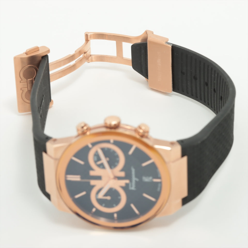 Salvatore Ferragamo Sapphire chrono watch worn on wrist with black rubber strap