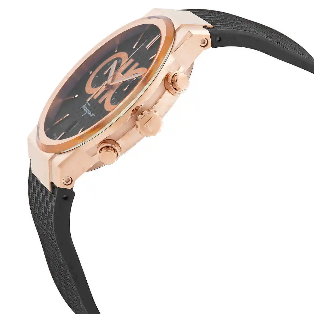 Side profile of Salvatore Ferragamo Sapphire chrono watch with black rubber strap