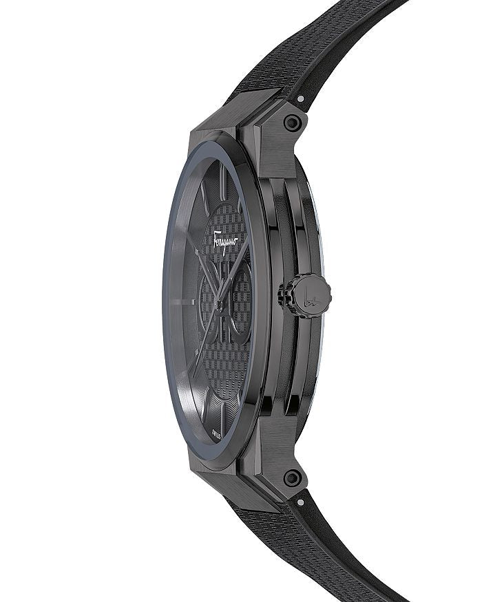 Side angle view of Ferragamo Sapphire chronograph watch showing case and strap profile