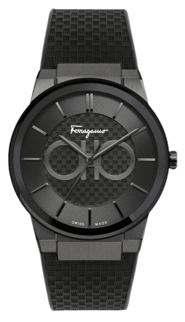 Salvatore Ferragamo Sapphire watch with black dial and black rubber strap, front view