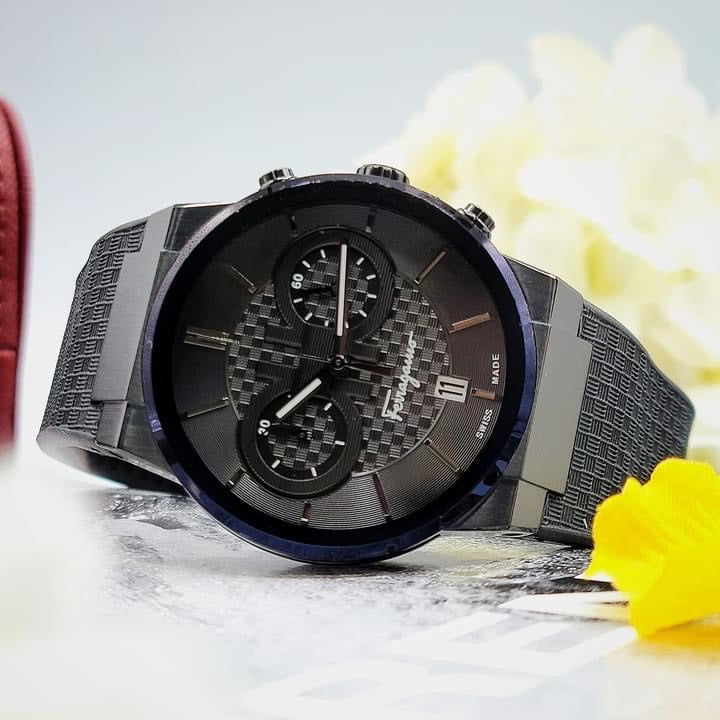 Ferragamo Sapphire watch with black dial and dual subdials, lifestyle display