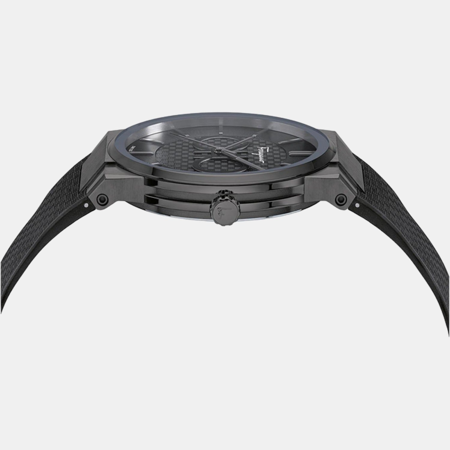 Overhead view of Ferragamo Sapphire chronograph watch displaying case and strap
