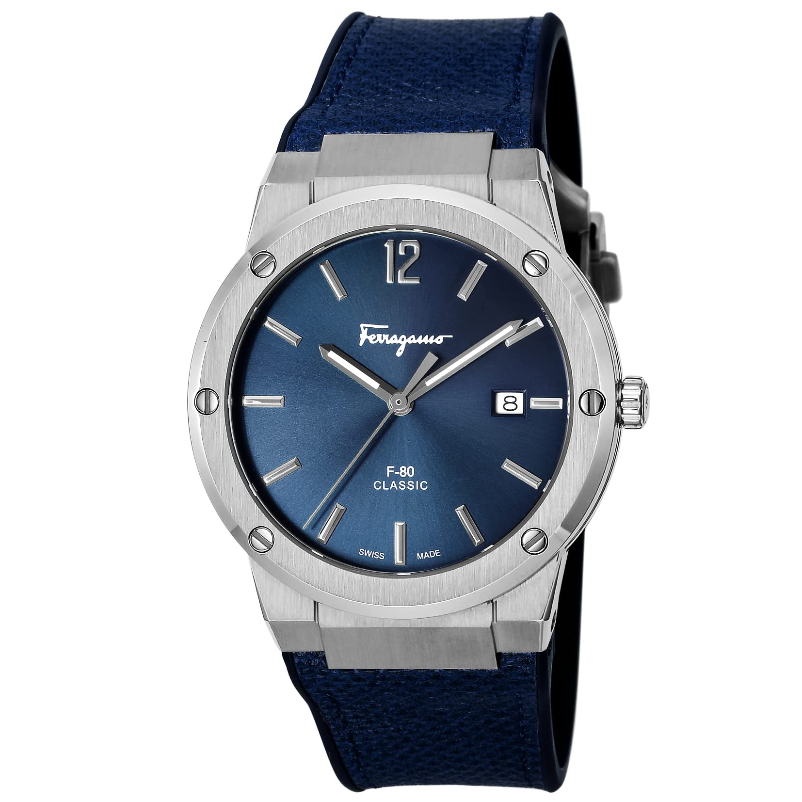 Salvatore Ferragamo F-80 Classic blue dial watch with silver bezel and navy strap