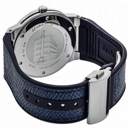 Salvatore Ferragamo watch caseback showing building engraving and navy textured strap