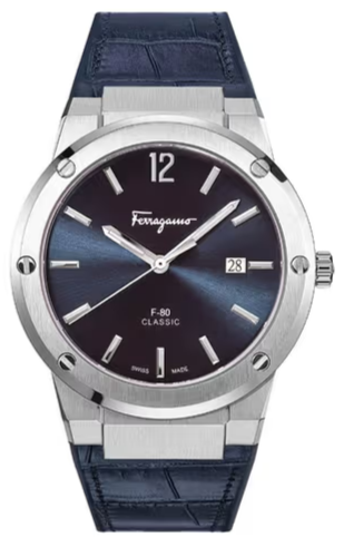 Salvatore Ferragamo blue dial men's watch with silver case and navy leather strap