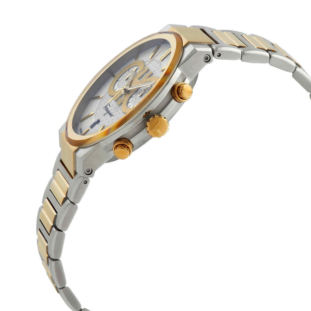 Three-quarter view of two-tone Ferragamo chronograph with gold pushers and bracelet