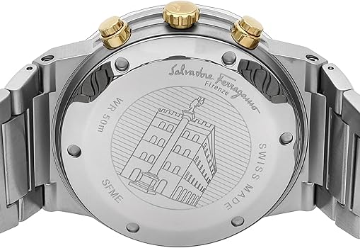 Caseback of Ferragamo Sapphire watch showing engraved building design