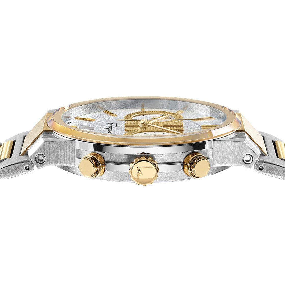 Dial detail of Ferragamo Sapphire chronograph with gold subdials and hour markers