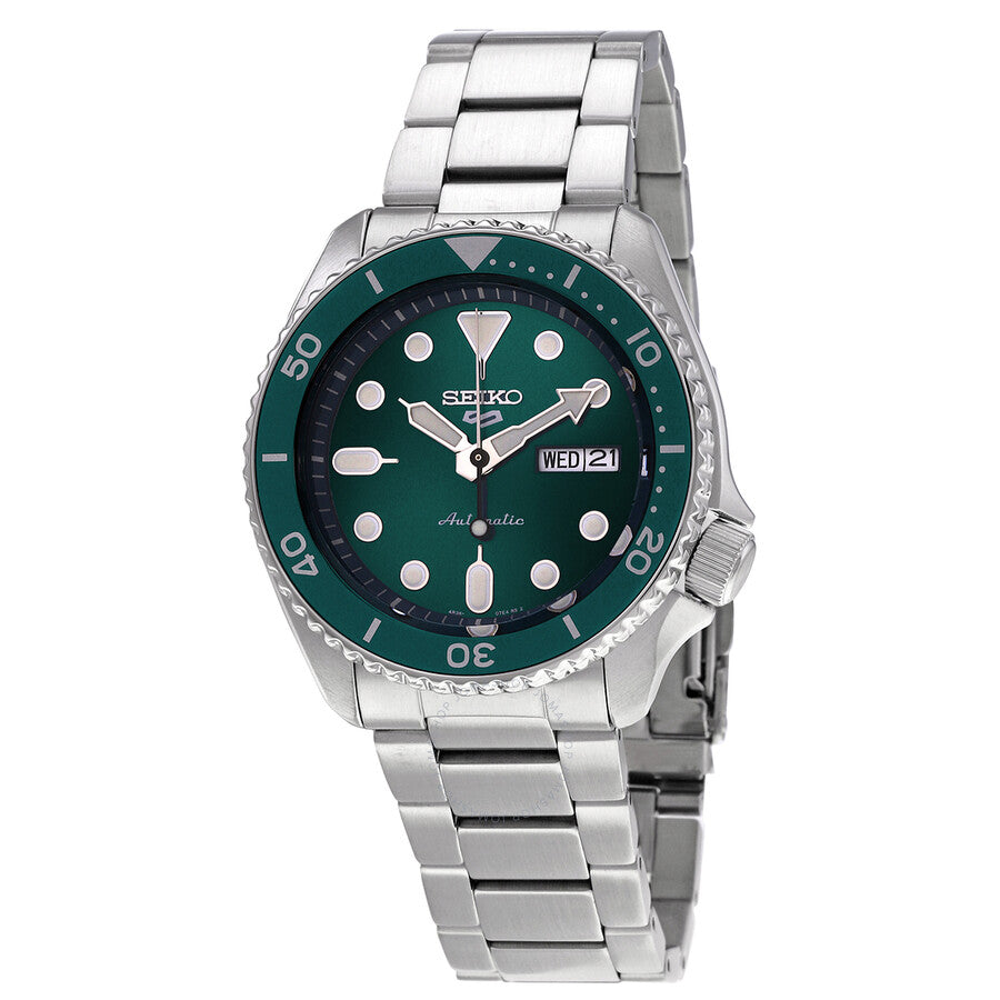 Seiko 5 Sports SRPD61K1 green dial automatic watch with stainless steel bracelet and rotating bezel