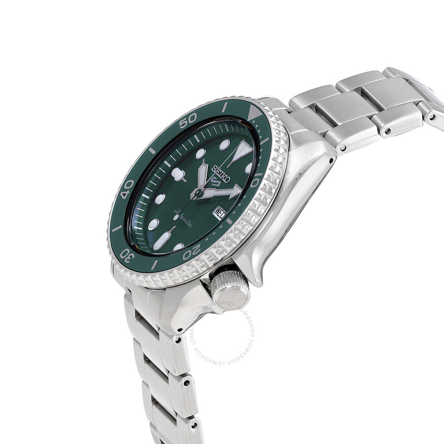 Side angle view of Seiko 5 Sports SRPD61K1 watch showing stainless steel case and bracelet