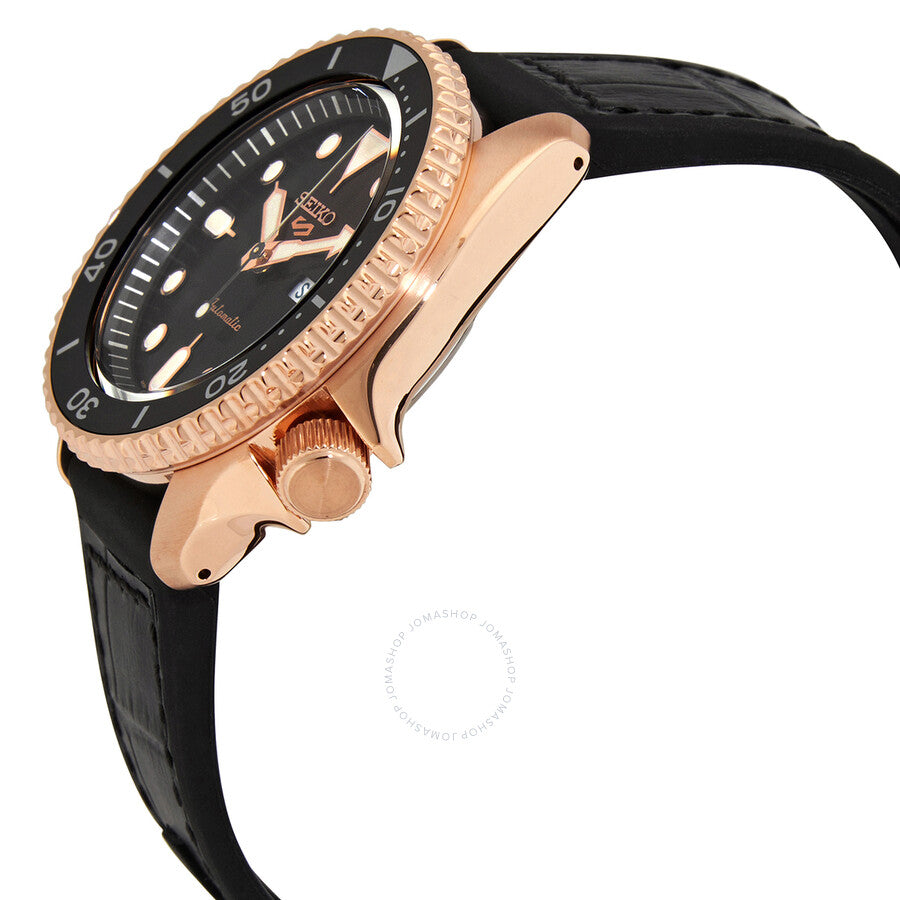 Seiko 5 Sports SRPD76K1 side angle view showing rose gold case and black leather strap