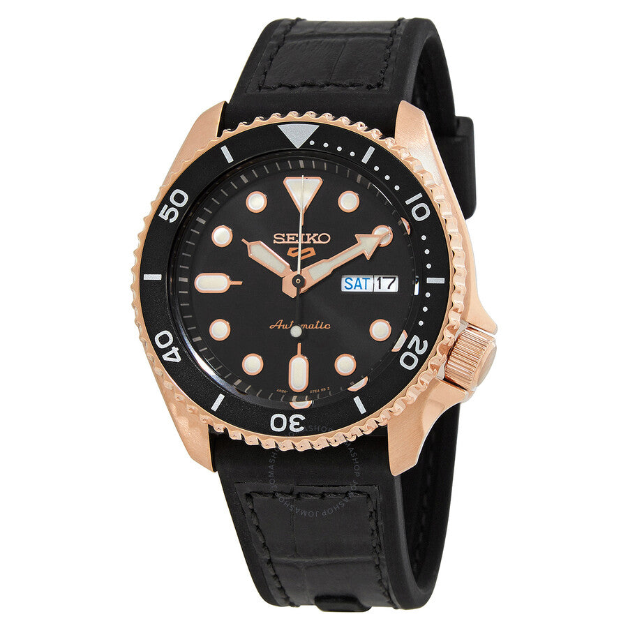Seiko 5 Sports SRPD76K1 men's watch with rose gold case, black dial, and black leather strap