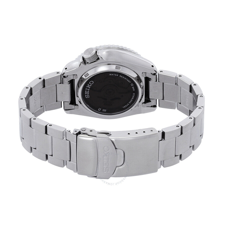 Seiko 5 Sports watch caseback view showing stainless steel bracelet and buckle clasp