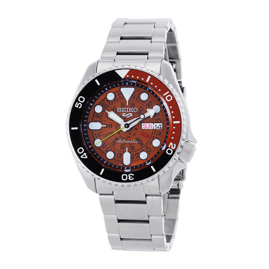 Seiko 5 Sports watch with brown dial, white hour markers, stainless steel bracelet and black rotating bezel