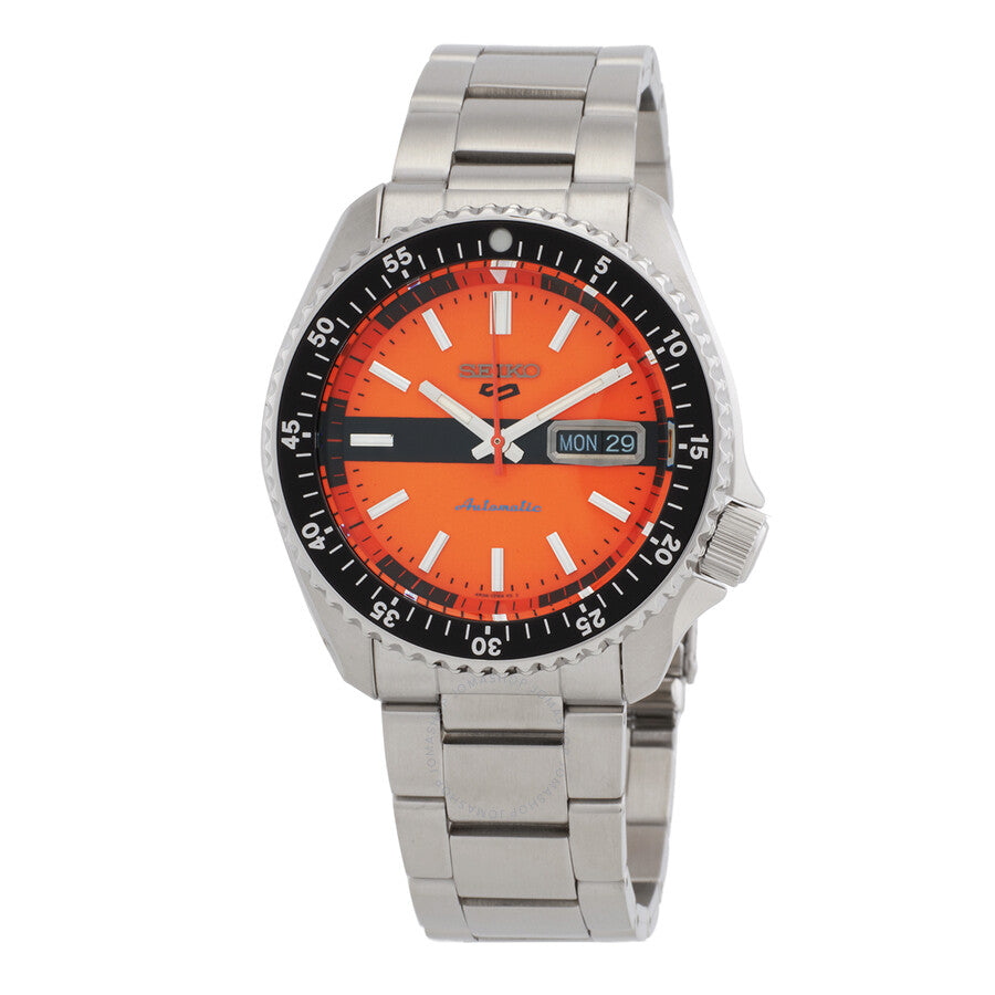 Seiko 5 Sports automatic watch with orange dial, stainless steel case and bracelet, day-date window