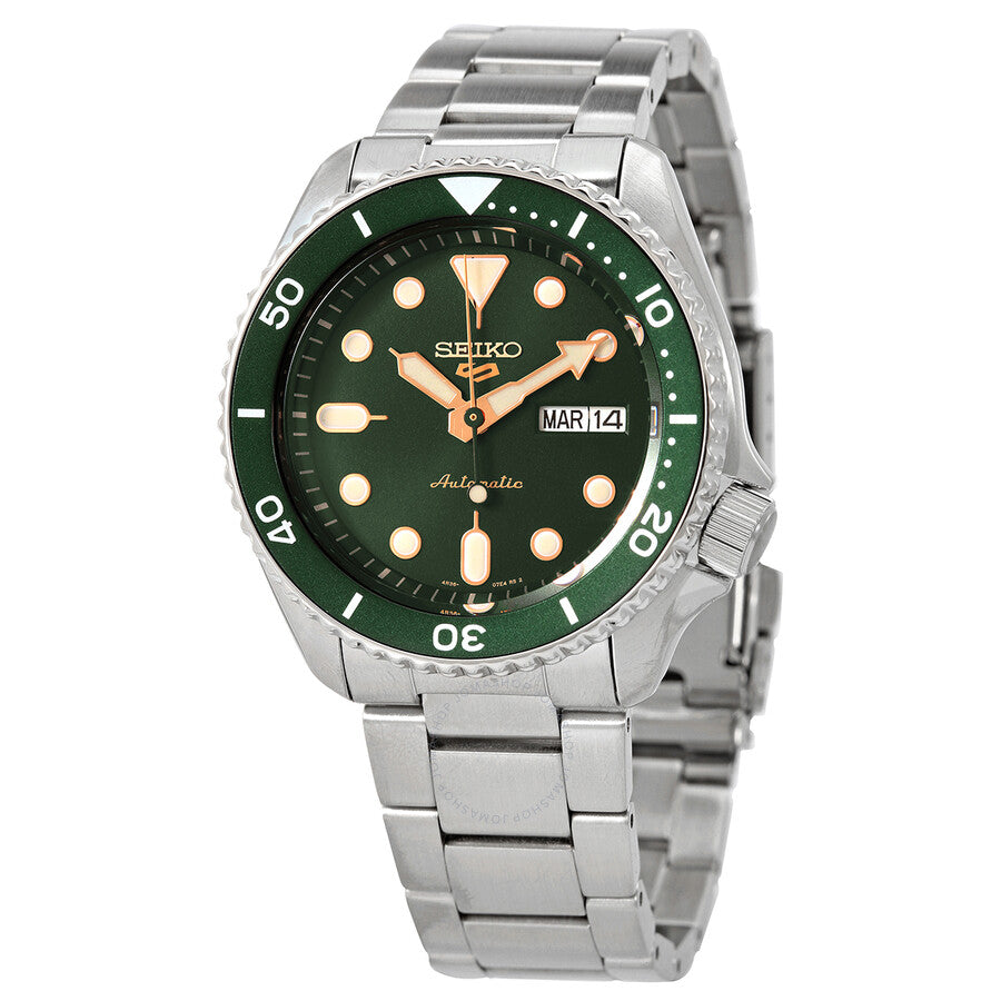 Seiko 5 Sports SRPD63K1 automatic watch with green dial and stainless steel bracelet