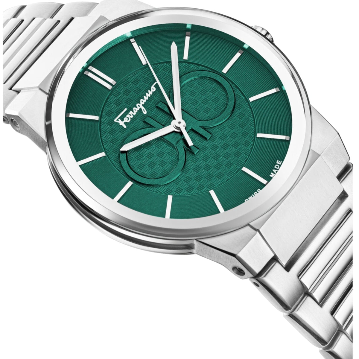 Three-quarter view of Ferragamo watch showing green dial and steel bracelet detail