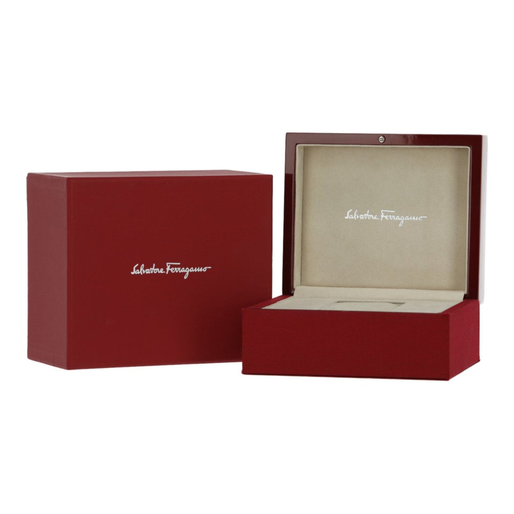 Salvatore Ferragamo watch packaging with burgundy box and cream interior