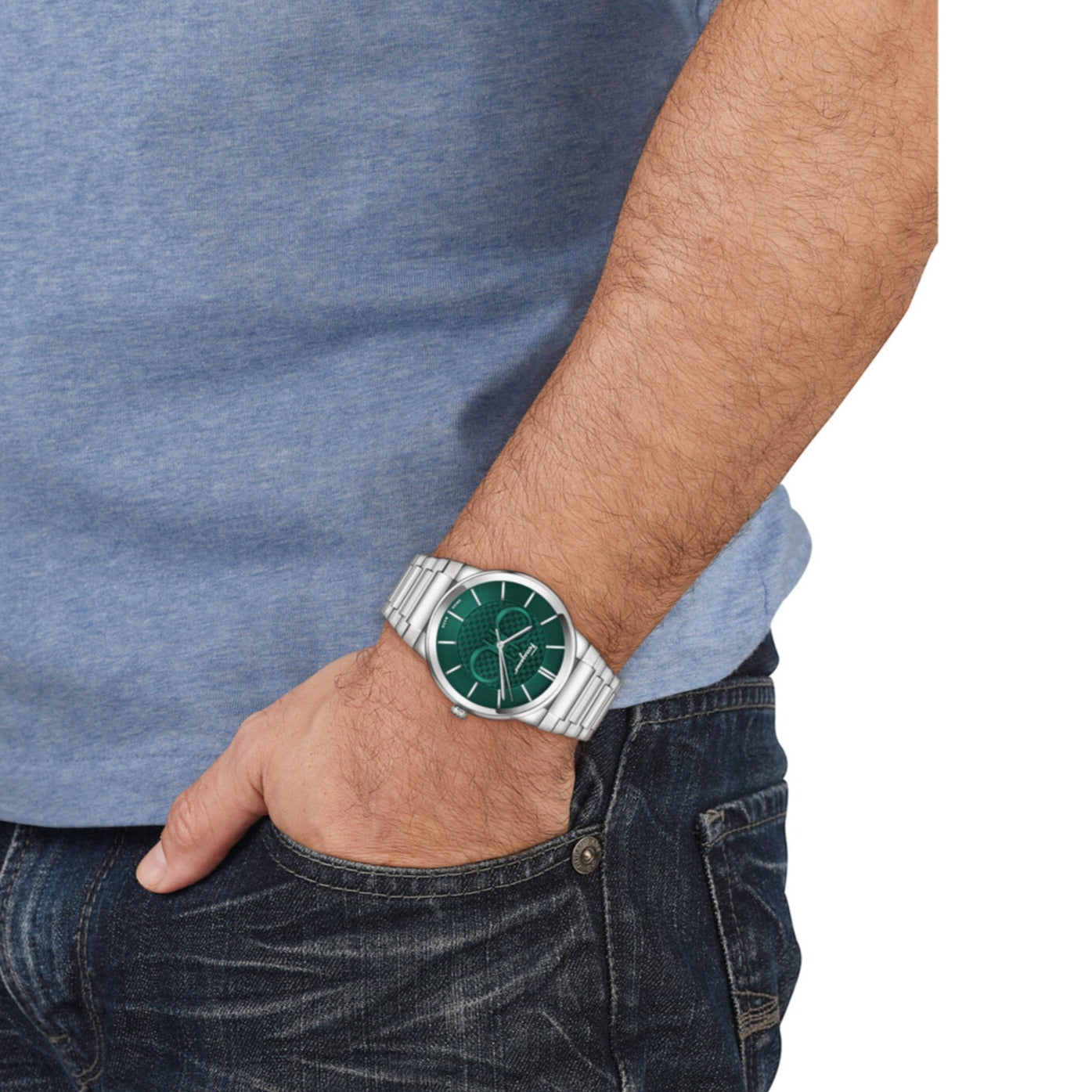 Ferragamo Salvatore watch worn on wrist showing green dial