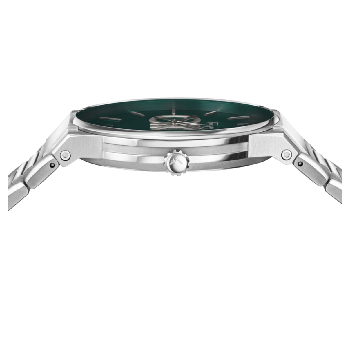 Side profile view of Ferragamo Salvatore watch case and silver steel strap