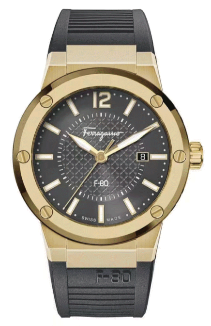 Ferragamo F-80 watch with black dial, gold case, and black rubber strap