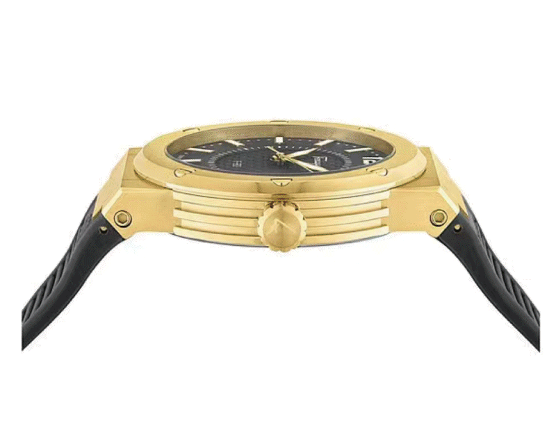 Side view of Ferragamo F-80 showing gold case, bezel, and black rubber strap