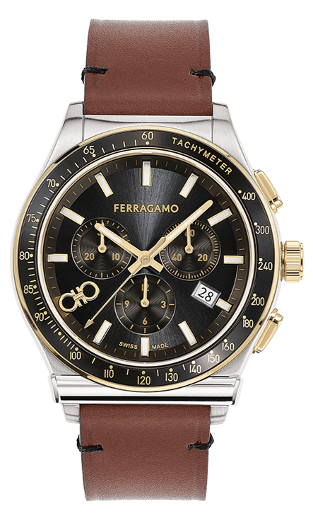 Ferragamo Salvatore 1927 Chrono Analog Black Dial Brown Leather Strap Watch For Men SFKZ00323