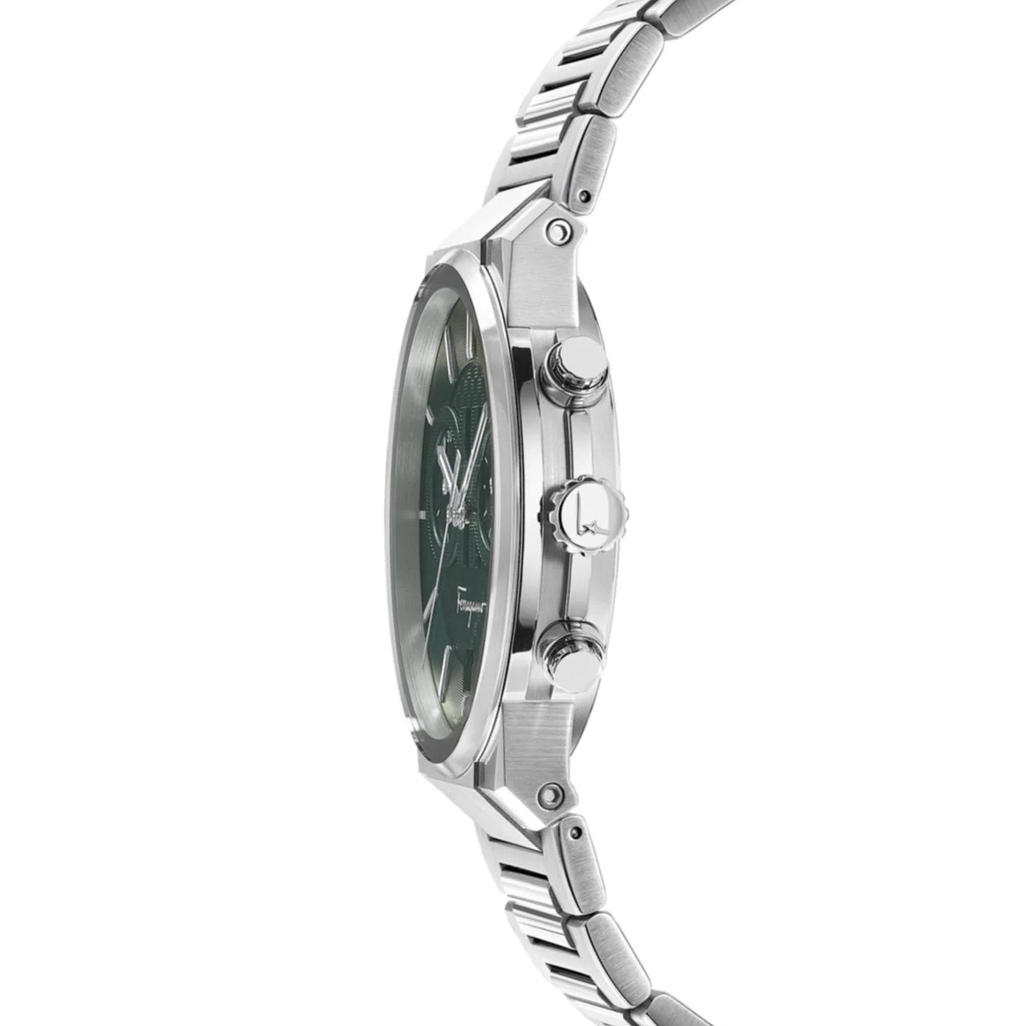 Side profile of Salvatore Ferragamo chronograph watch showing case depth and silver steel bracelet