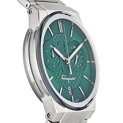Three-quarter view of Salvatore Ferragamo Sapphire Chrono with green dial and chronograph subdials