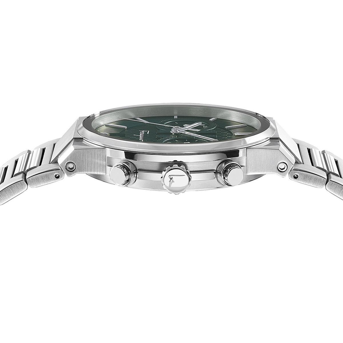 Top-down view of Salvatore Ferragamo chronograph watch case and silver bracelet with pushers visible