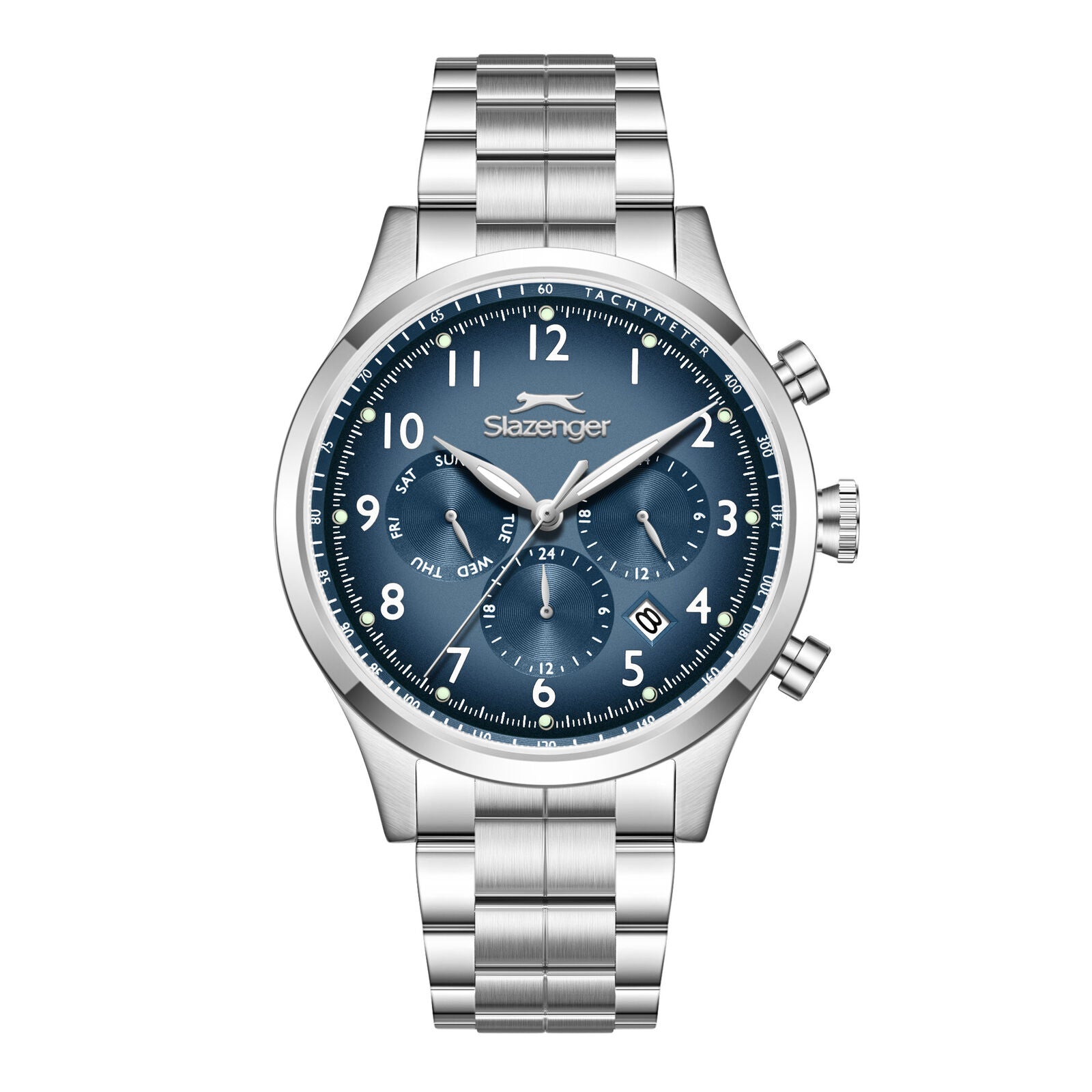 Slazenger Big Daddy chronograph watch with blue dial and silver steel bracelet
